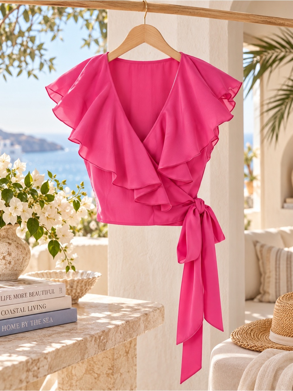 Women's V-Neck Flutter Sleeve Top in Hot Pink